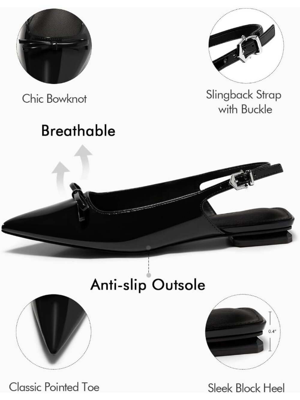 Women's Black Flats Pointed Toe Bow Ballet Low Heel Shoes Adjustable Buckle - Picture 5 of 5